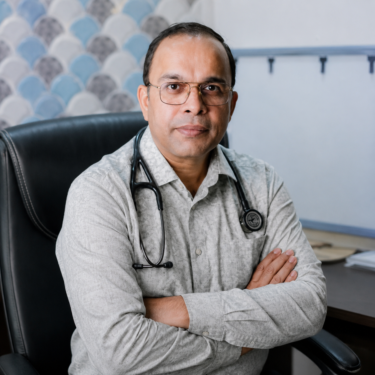 Dr. Ashish Dubey, pulmonologist, in the consultation room at Anamay Chest Hospital, Bhopal
